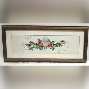 Vintage Framed Holiday Cross-Stitch Art with Bluebird and Holly